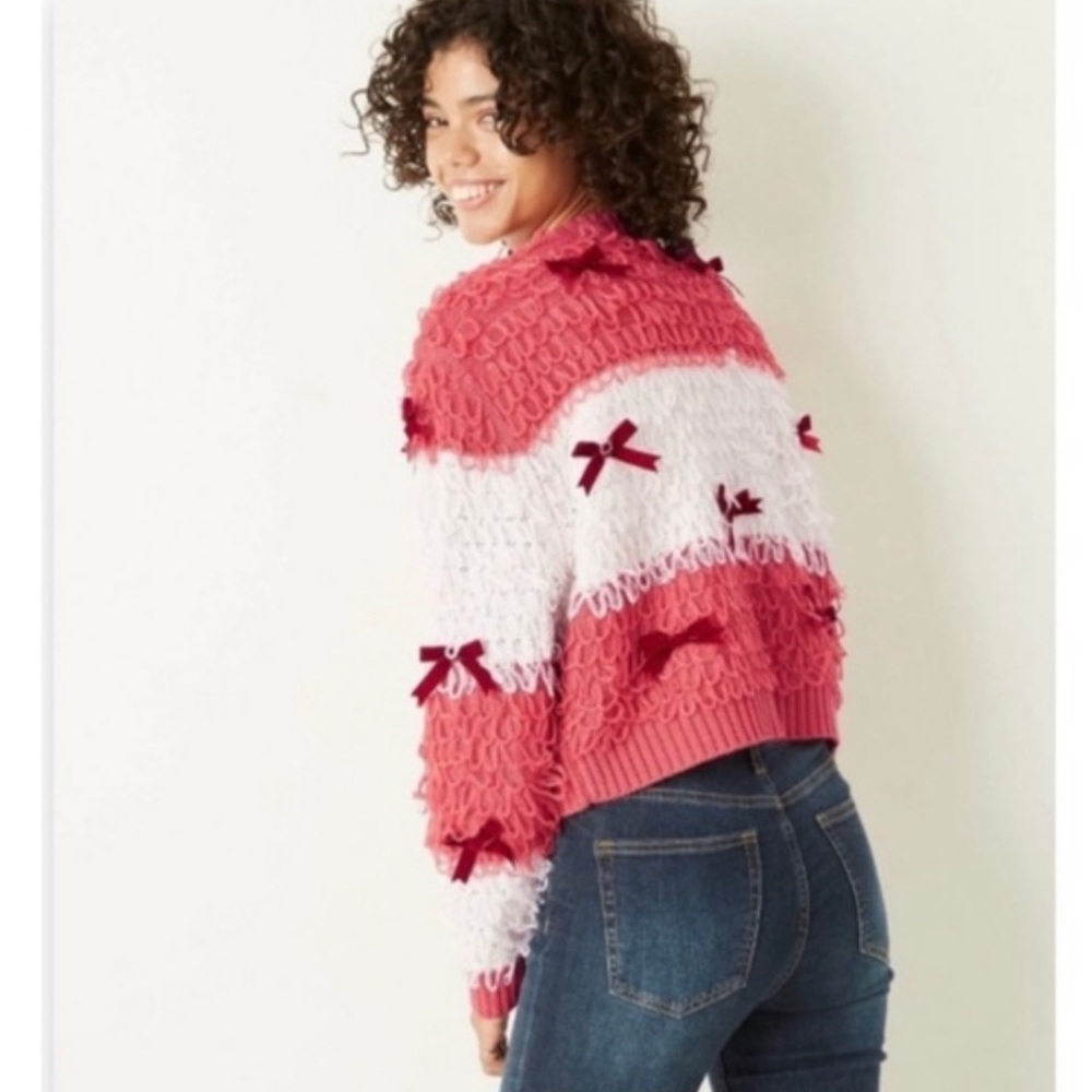 women's large Striped Holiday Red & White Bow Cardigan Sweater Mighty Fine - Picture 2 of 5